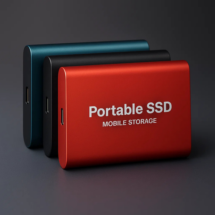 Kompaktowy dysk zewnętrzny SSD z aluminiową obudową w kolorze czerwonym, widok z boku