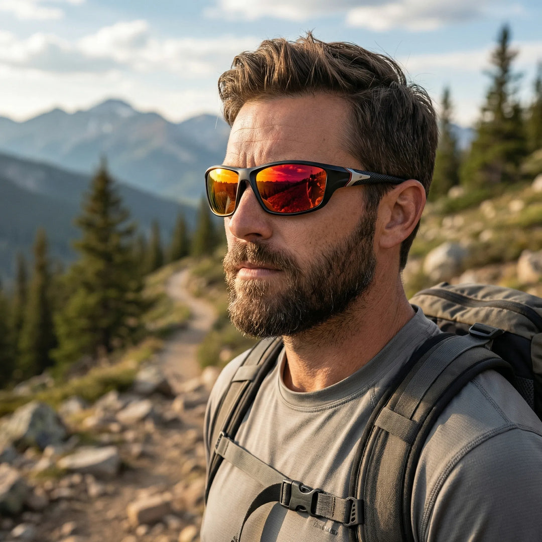 Mężczyzna w górach nosi sportowe okulary przeciwsłoneczne męskie z pomarańczowymi soczewkami i czarną oprawką podczas trekkingu