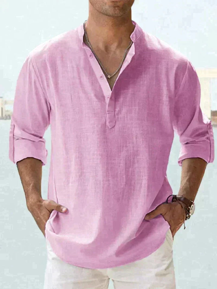 Koszula męska Henley lniana w kolorze niebieskim, casualowy look na co dzień i wakacje