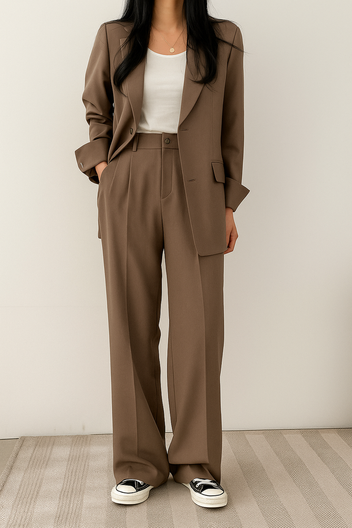 Szerokie spodnie damskie beżowe z wysokim stanem i prostymi nogawkami w komplecie z marynarkę