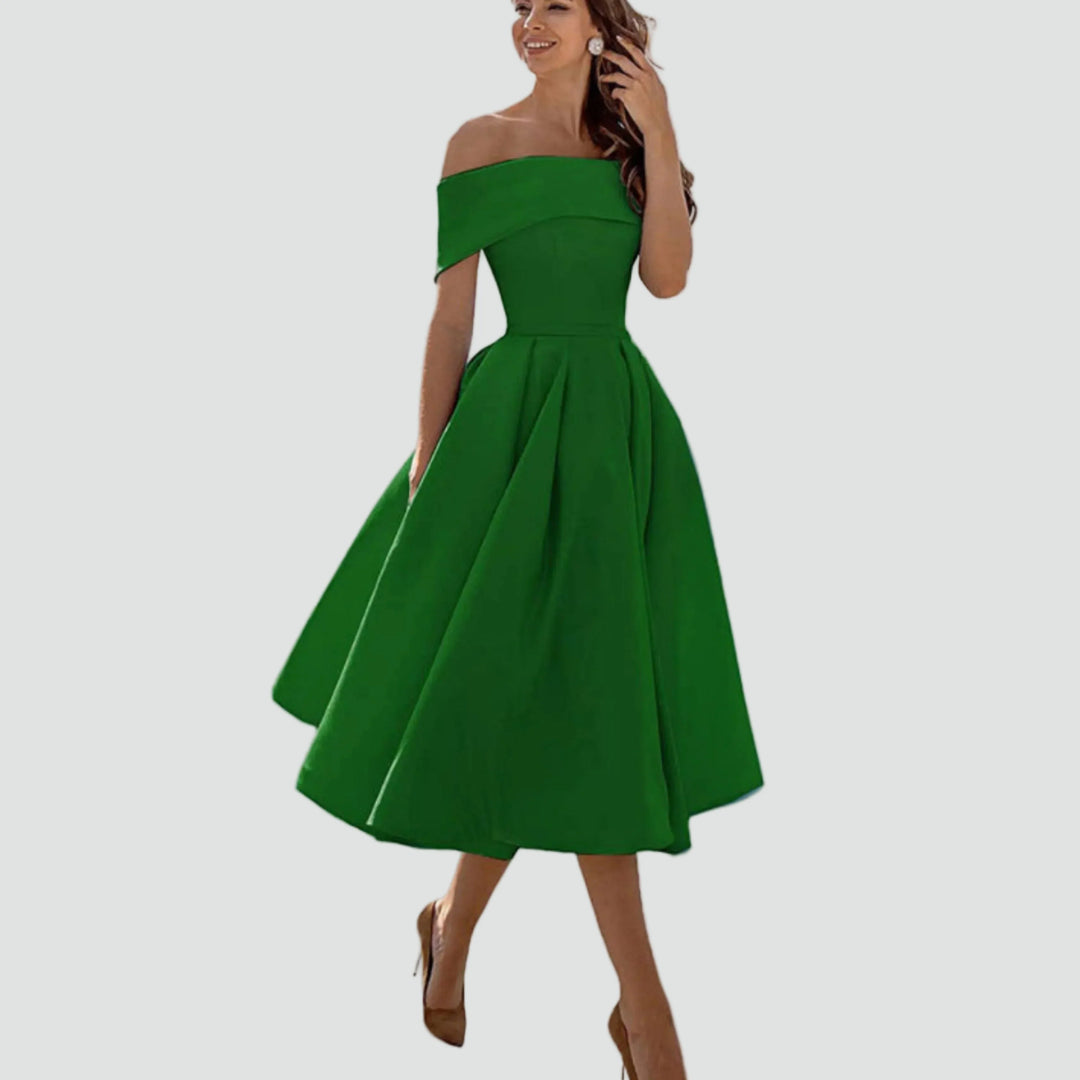Żółta sukienka koktajlowa midi z dekoltem odsłaniającym ramiona w eleganckim układzie