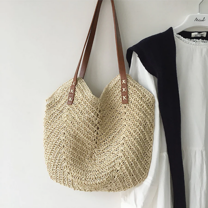 Obszerna torba damska na ramię pleciona w stylu shopper idealna na lato i plażę
