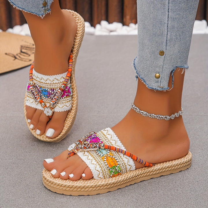 Wsuwane sandały letnie z kryształkami i aplikacjami w stylu boho dla kobiet