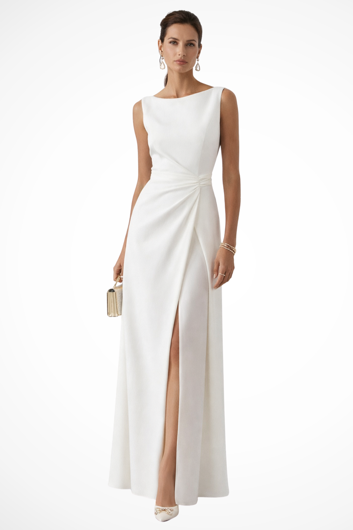 Elegancka Damska Sukienka Maxi w kolorze białym z dekoltem w łódkę i drapowaniem w talii