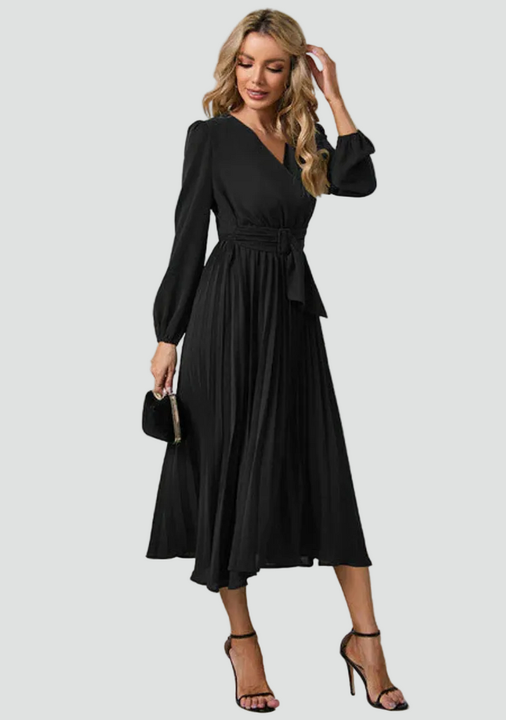 Sukienka koktajlowa midi kopertowa z dekoltem w serek i paskiem w talii na elegancie okazje