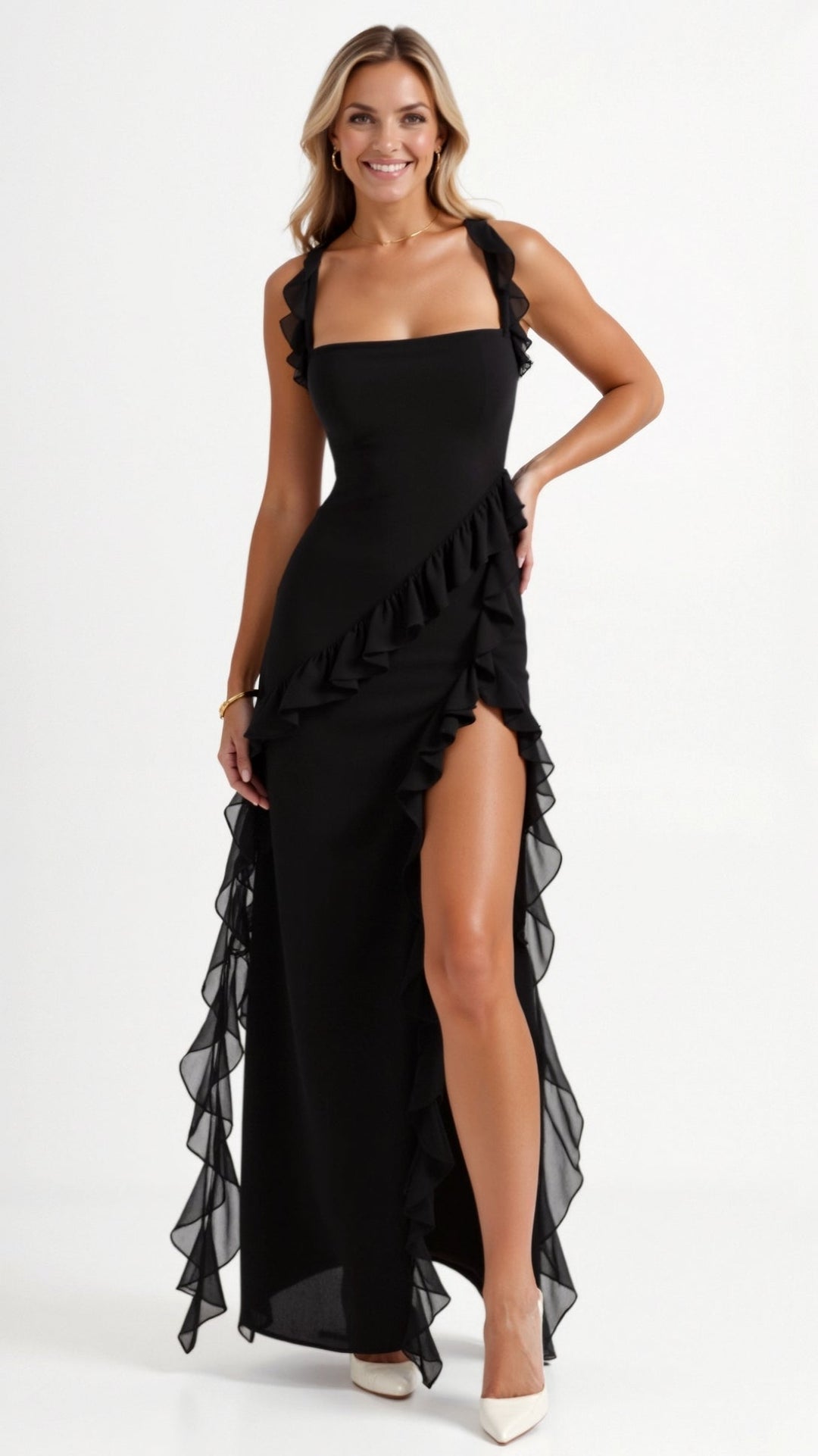 Elegancka Sukienka Maxi z Falbankami w kolorze czarnym z delikatnym rozcięciem z przodu i falbanami przy dekolcie