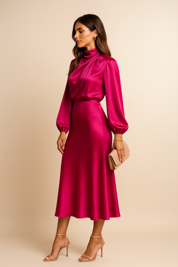 Elegancka sukienka midi z golfem prezentowana na modelce z boku