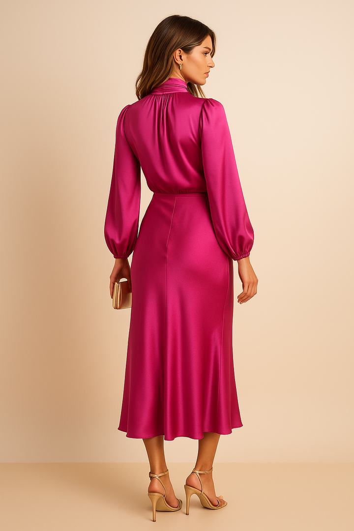 Elegancka sukienka midi z golfem prezentowana na modelce w studio