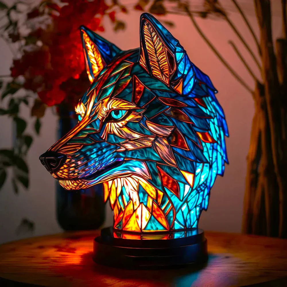 Lampa witrażowa z motywem zwierzęcia w odcieniach bursztynowych i zielonych jako element dekoracji wnętrza