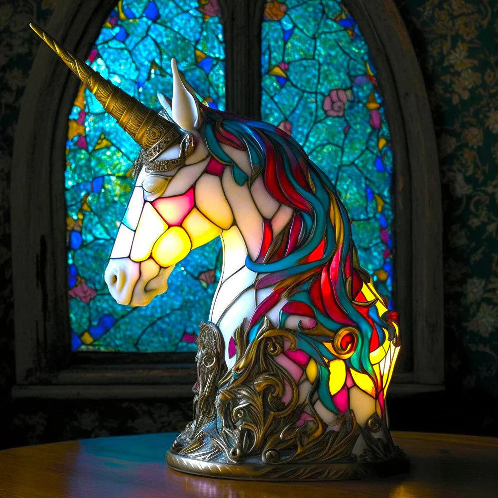 Lampa Artystyczna witrażowa z przedstawieniem zwierzęcia w kolorach bursztynowym niebieskim i czekoladowym