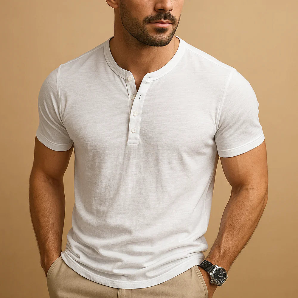 T-shirt męski henley niebieski krótki rękaw z listwą zapinany na guziki
