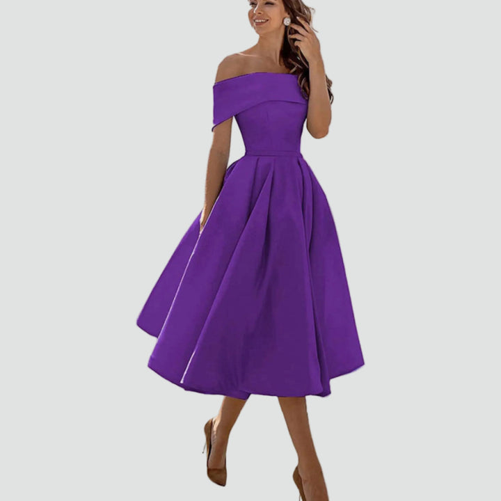Elegancka sukienka midi z dekoltem bardot w kolorze żółtym