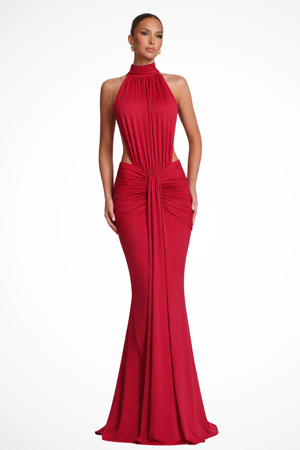 Elegancka Sukienka Maxi w kolorze czerwonym z dekoltem halter i otwartym tyłem na wesele