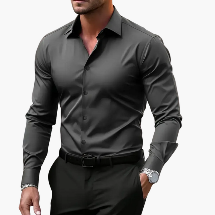 Koszula męska biznesowa w kolorze ciemnoszarym z długim rękawem i dopasowanym krojem slim fit